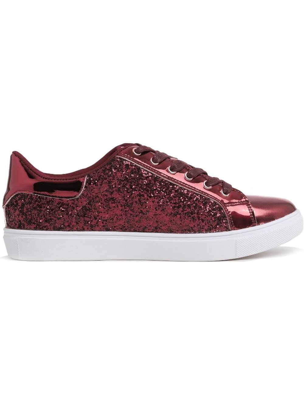 Women's Burgundy Glitter Star Lace up Sparkly Party Shiny Shoes Fashion Sneakers - Picture 3 of 6